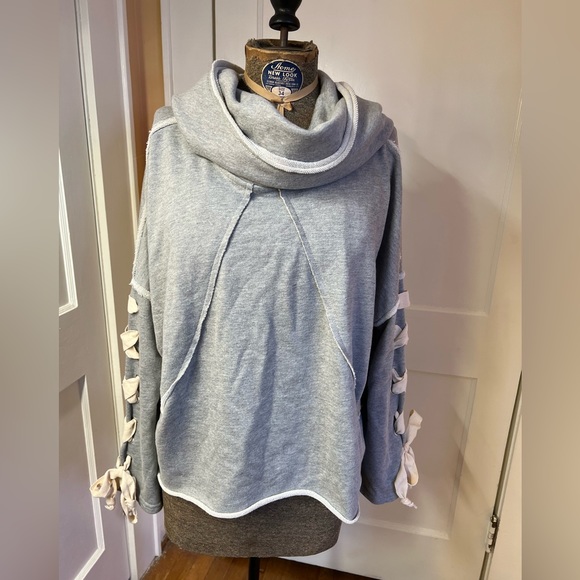 Vici Boutique Grey Oversized Drop Shoulder Hoodie Sweater with Lace Up Accent - Picture 4 of 5